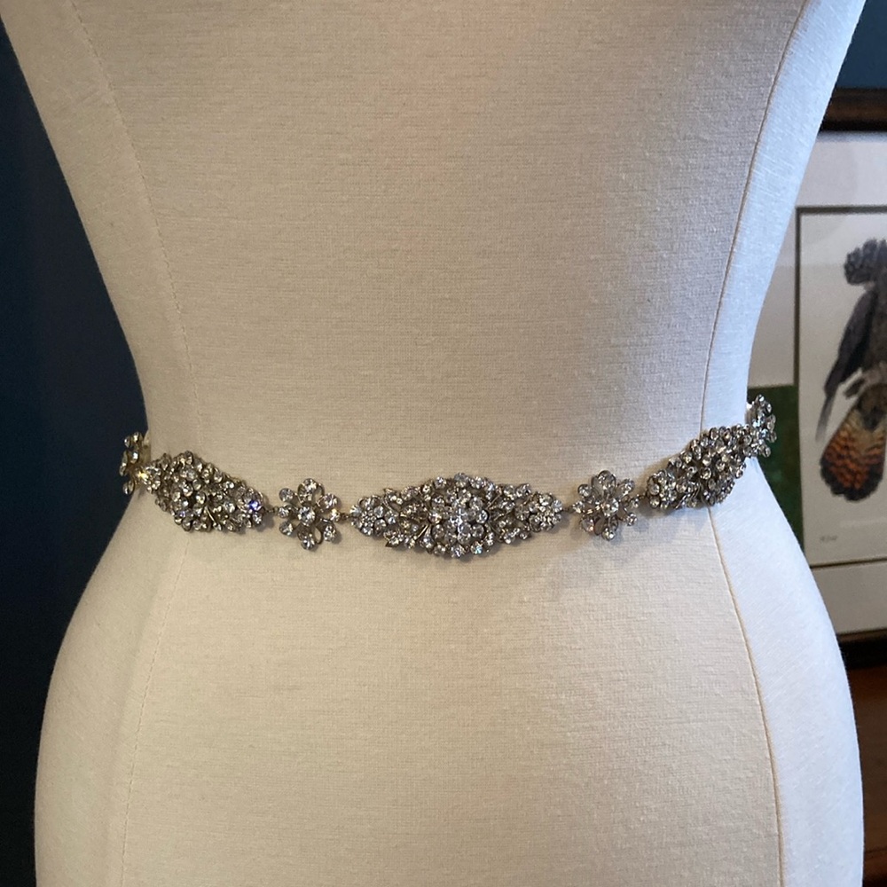 Elegant Silver Crystal Belt with white satin ribbon tie